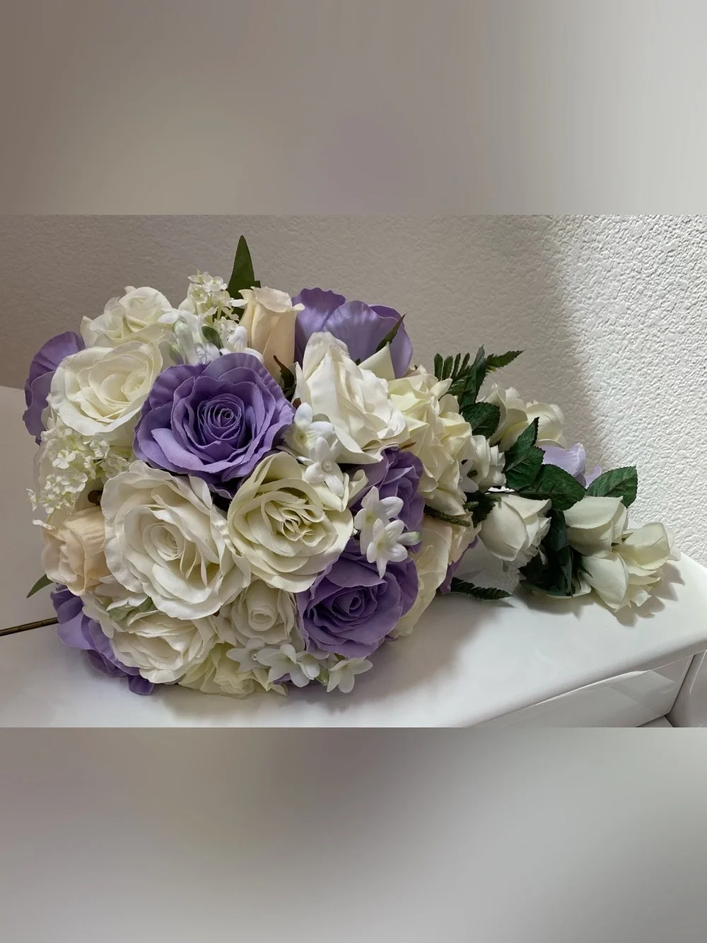 Elegant Cream and Lavender Artificial Rose Cascading Bridal Bouquet